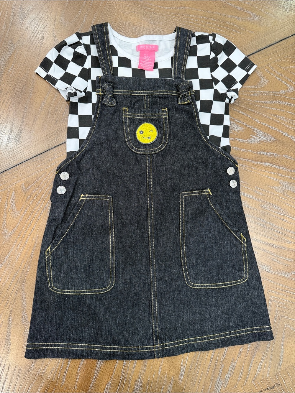 Isaac Mizrahi Black Denim Overall Dress with Yellow Smiley Patch